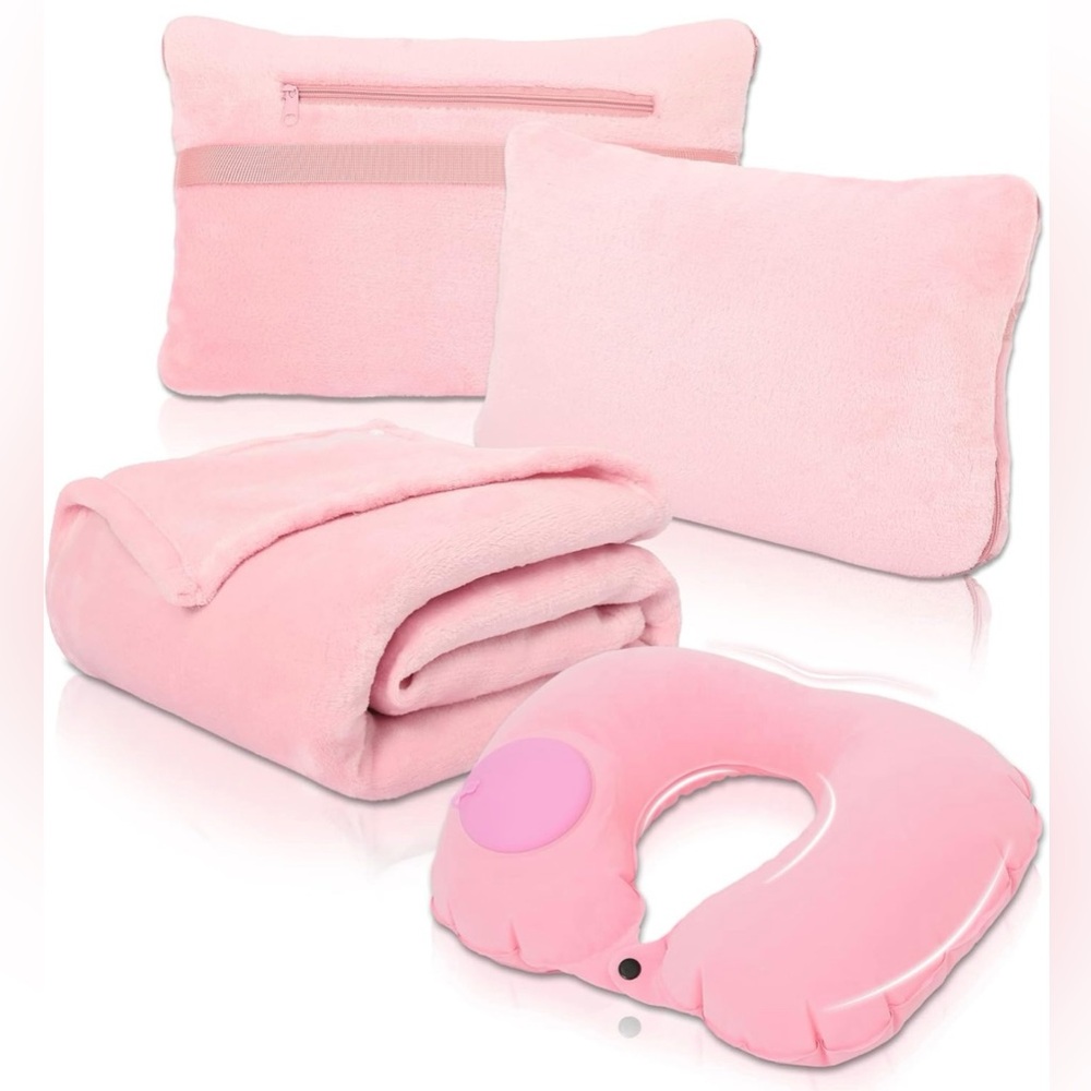 Travel Blanket & Pillow Set - Inflatable Neck Pillow,Blanket w/Built-in Bag -NWT